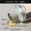 Infographic outlining uses of Utility Oil. Depicts an open aluminum bottle on its side with oil dripping out, labeled counterclockwise for various uses such as beard oil, hair oil, face oil, tattoo moisturizer, and body moisturizer.